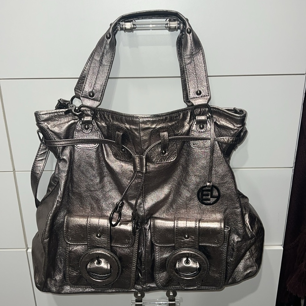 Elliott Lucca Estella Metallic Gray Leather Handbag with Graphite Hardware